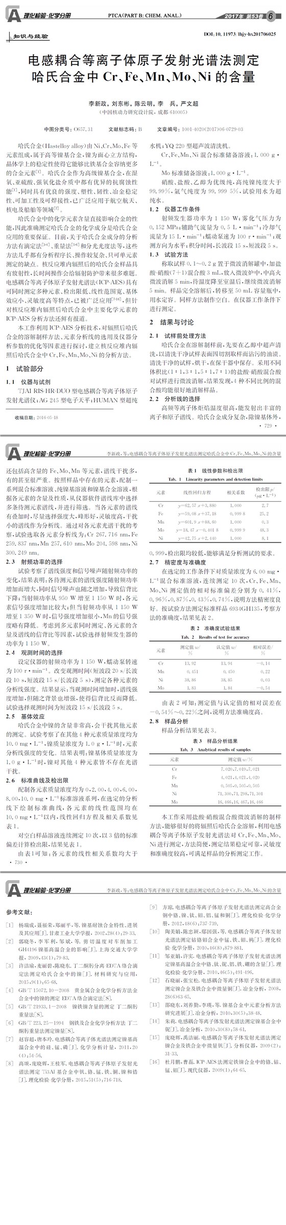 電感耦合等離子體原子發(fā)射光譜法測定哈氏合金中Cr、Fe、Mn、Mo、Ni的含量